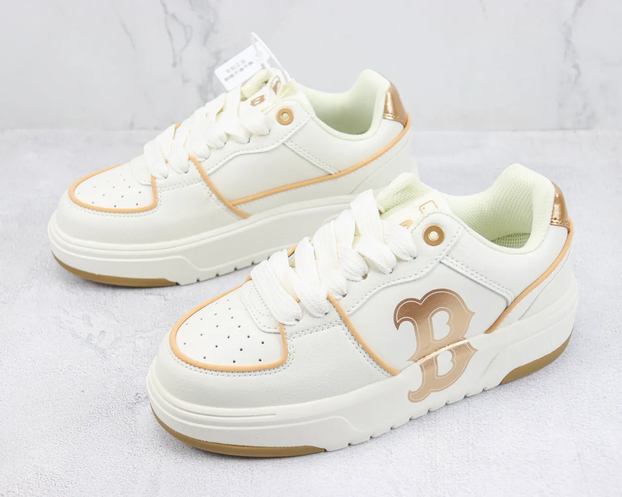White and Gold Monogram Platform Chunky Sneakers 4