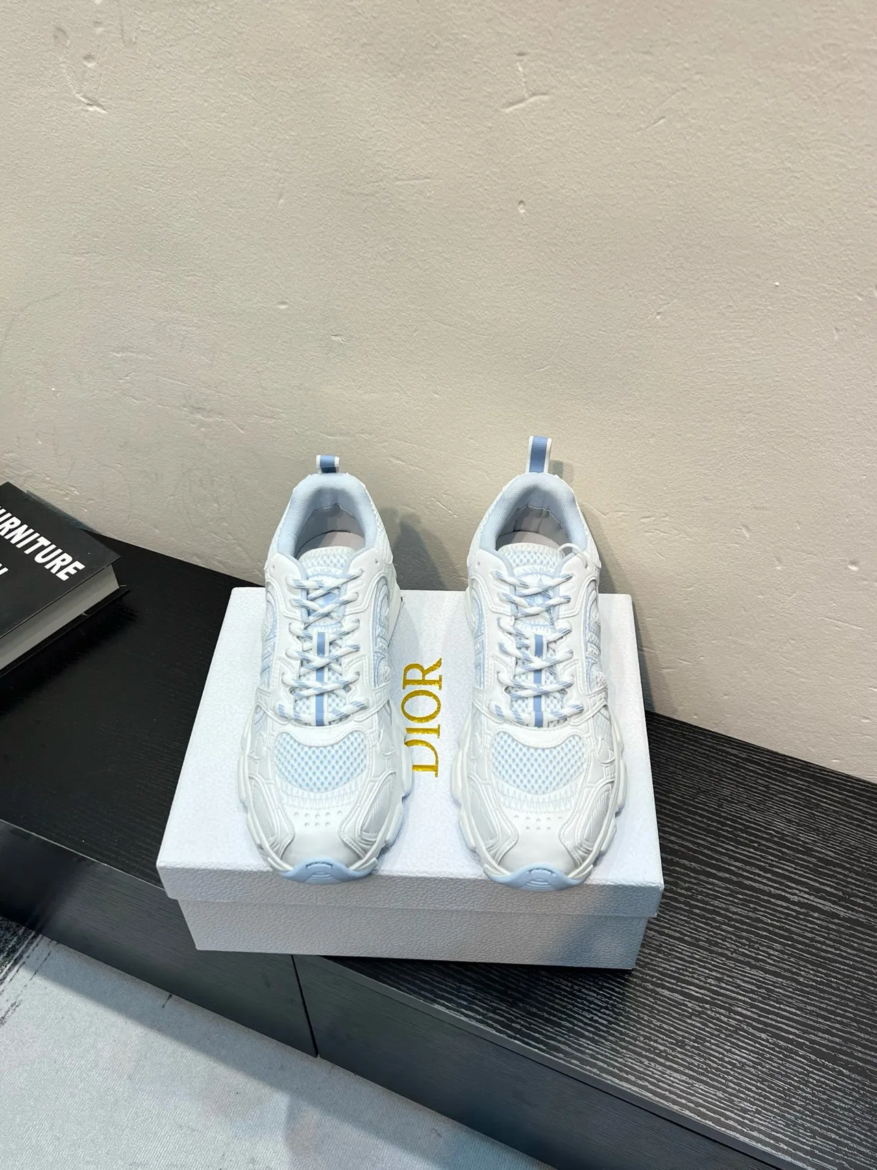 White and Light Blue Geometric Overlay Chunky Sneakers 2