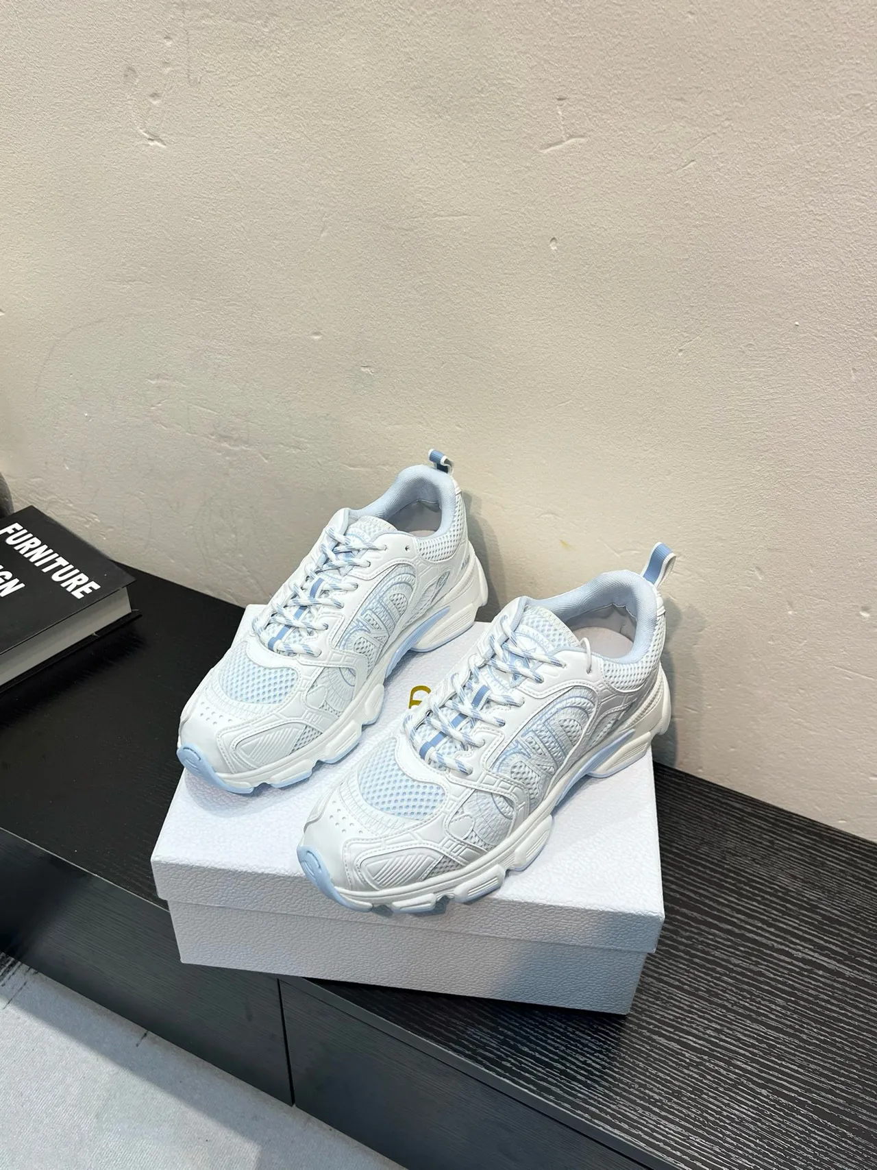 White and Light Blue Geometric Overlay Chunky Sneakers 3