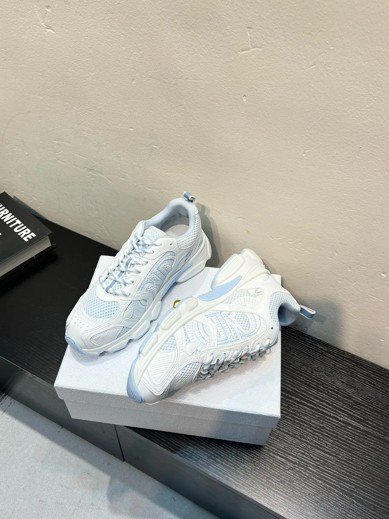 White and Light Blue Geometric Overlay Chunky Sneakers 4