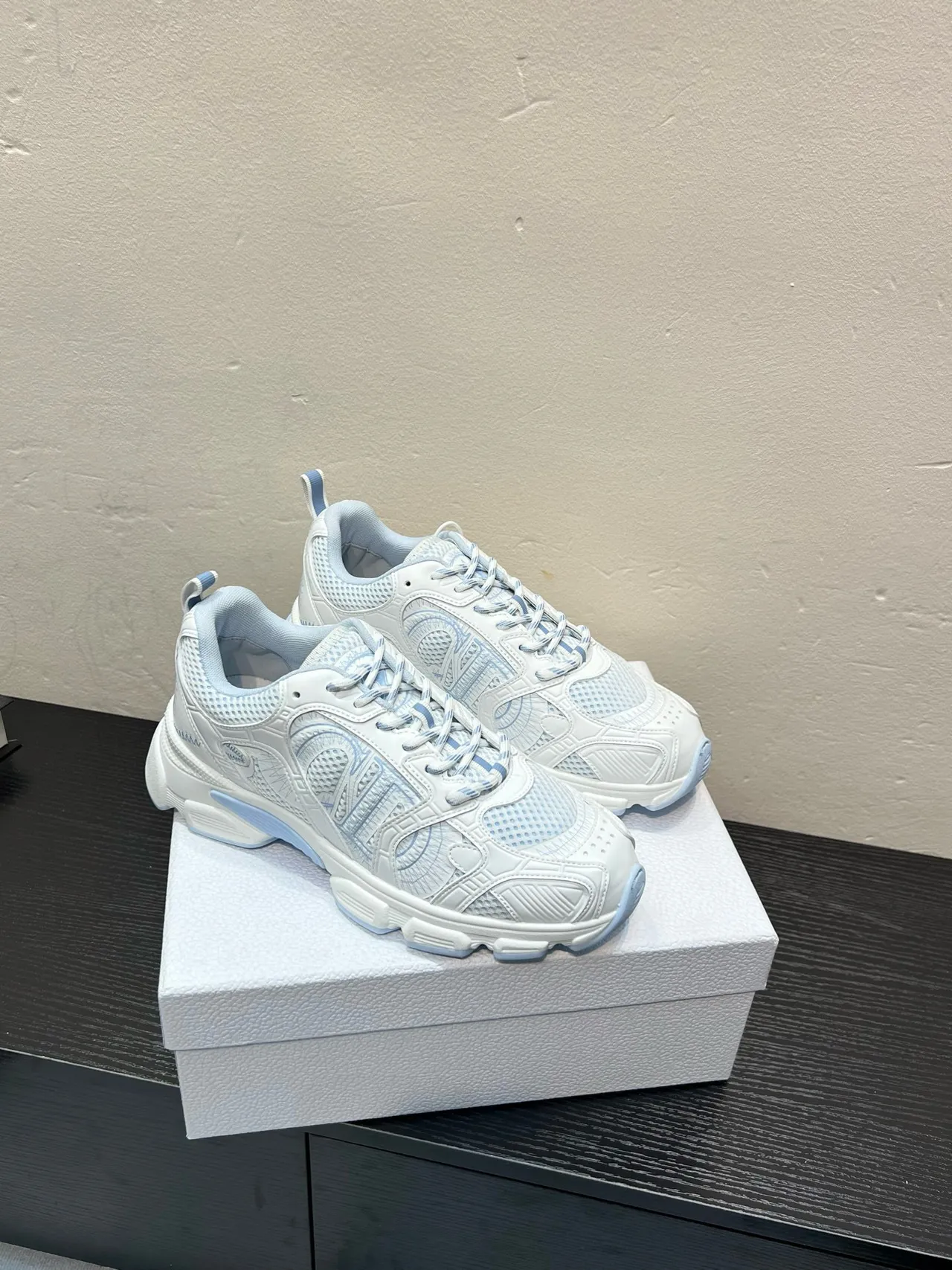 White and Light Blue Geometric Overlay Chunky Sneakers 5