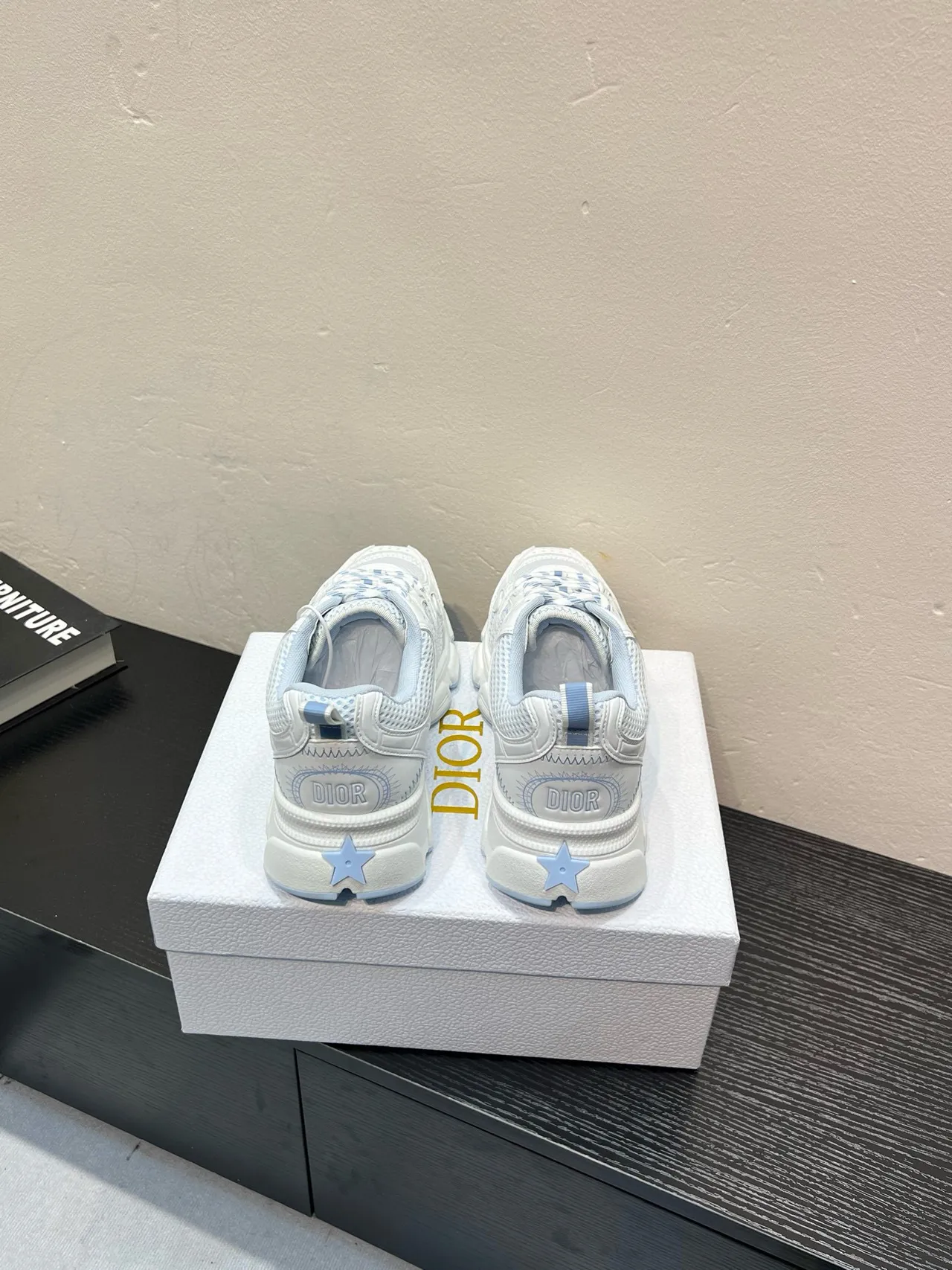 White and Light Blue Geometric Overlay Chunky Sneakers 6