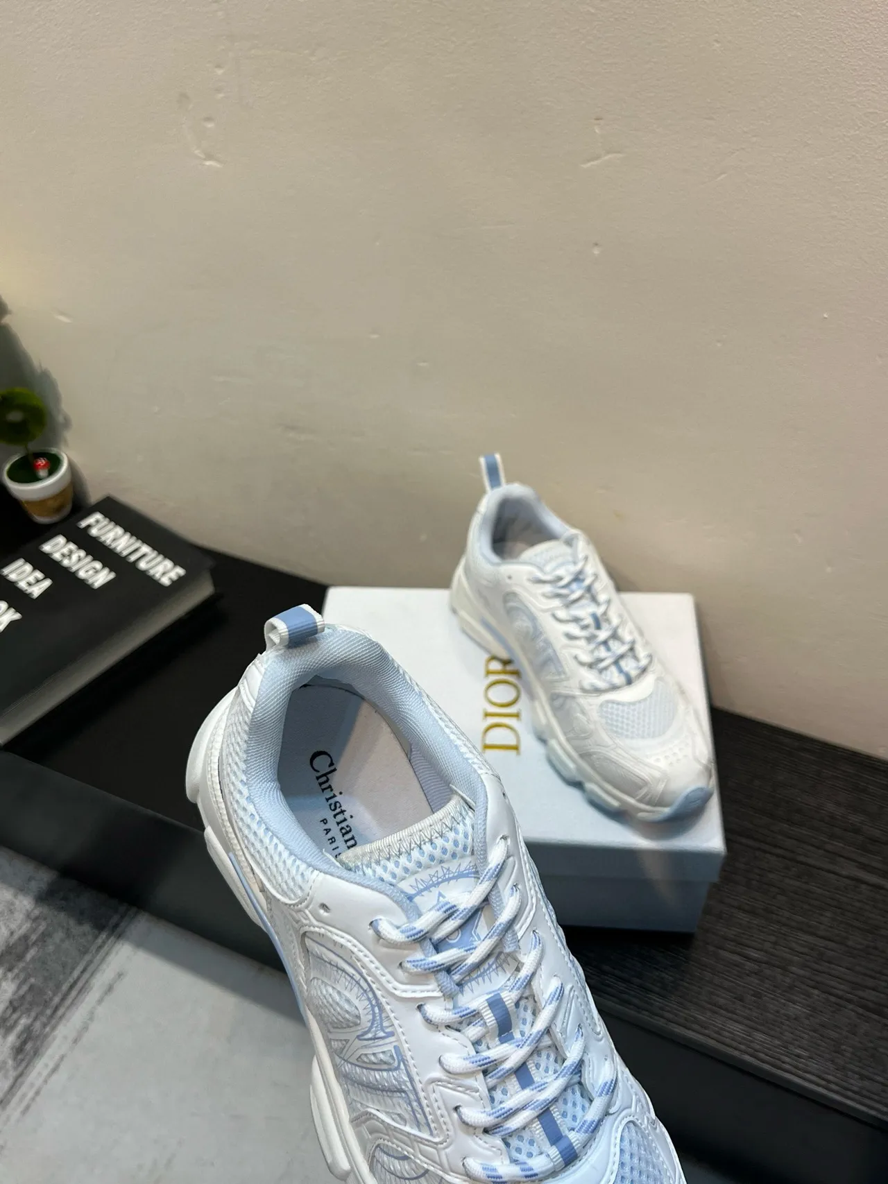 White and Light Blue Geometric Overlay Chunky Sneakers 7