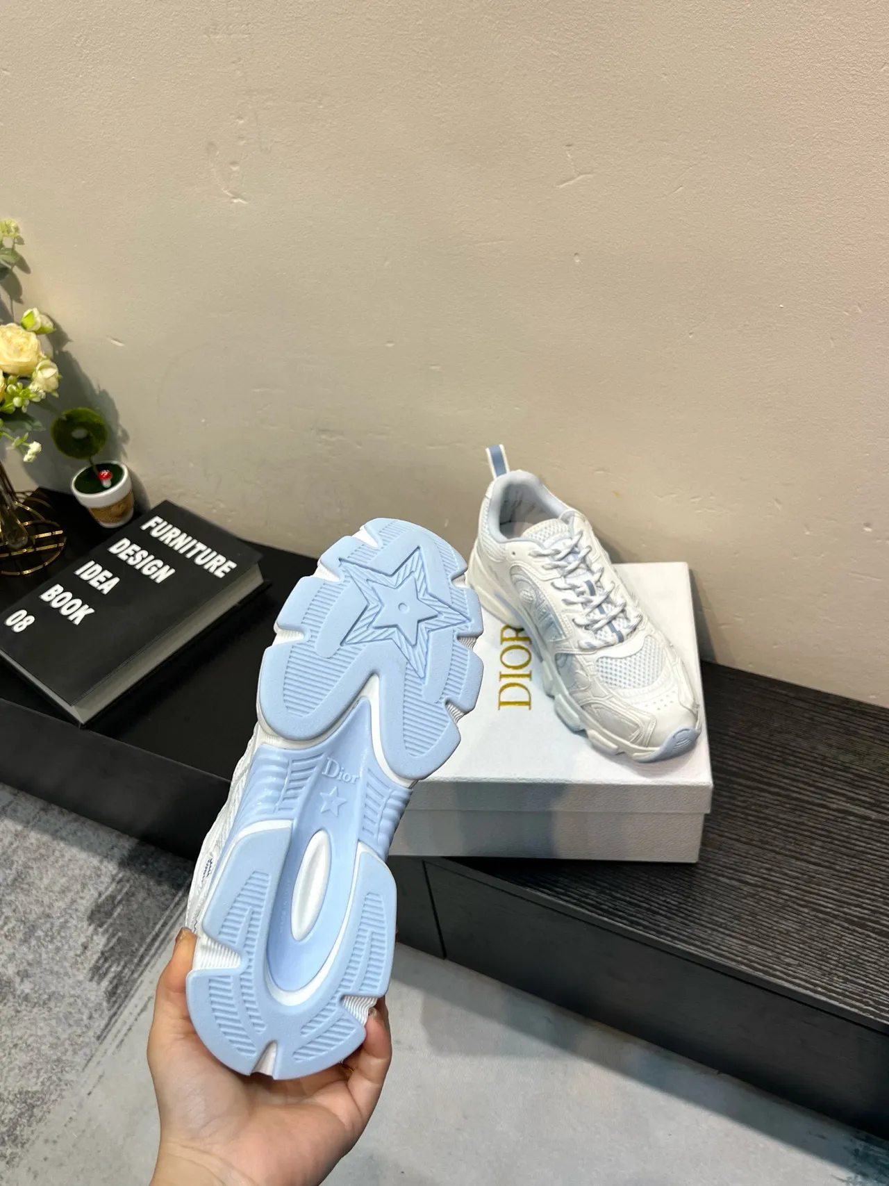 White and Light Blue Geometric Overlay Chunky Sneakers 8