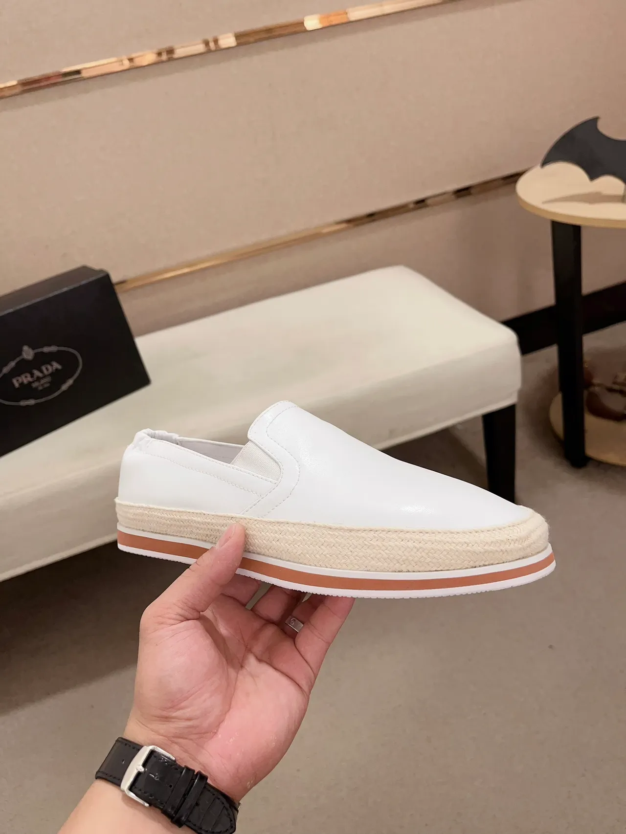 White Beige Leather Upper Espadrille-Wrapped Sole Loafer 5