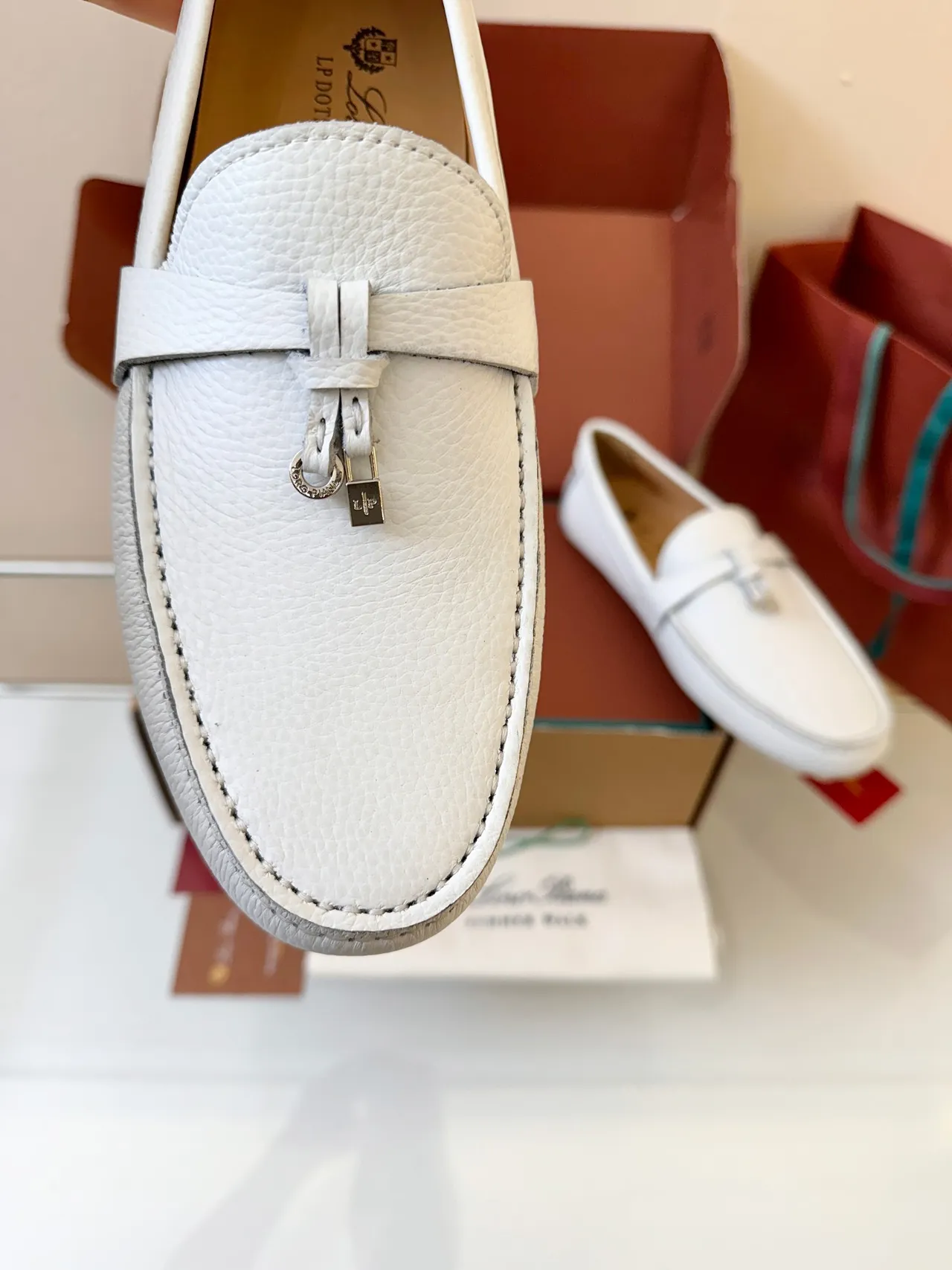 White Beige Pebbled Leather Moccasin-Stitched Sole Loafer 3