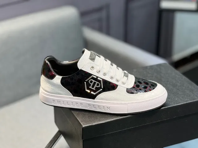 White Black Croc-Embossed Leather Mesh Side Panel Sneakers 9