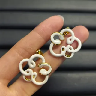 White Enamel and Gold-Trimmed Abstract Loop Stud Earrings