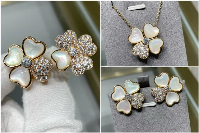 Boucles d'Oreilles en Or Blanc Motif Floral Pétales de Nacre 5