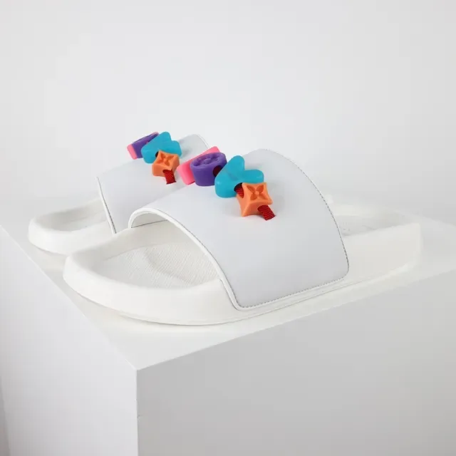 White Multicolor Molded Rubber Sole Leather-Like Strap Slippers 2