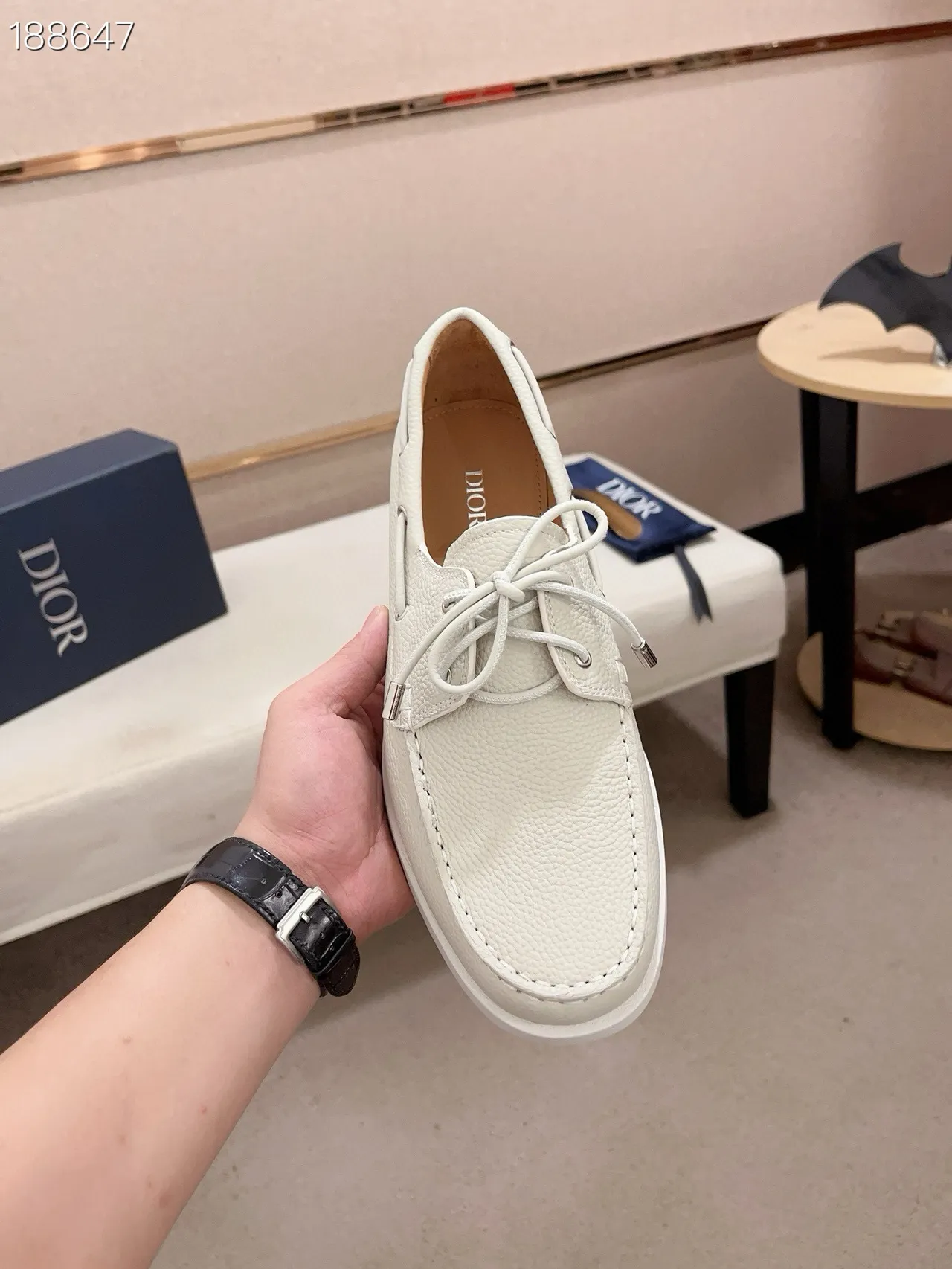 White Pebbled Leather Lace-Up Boat Shoes 5