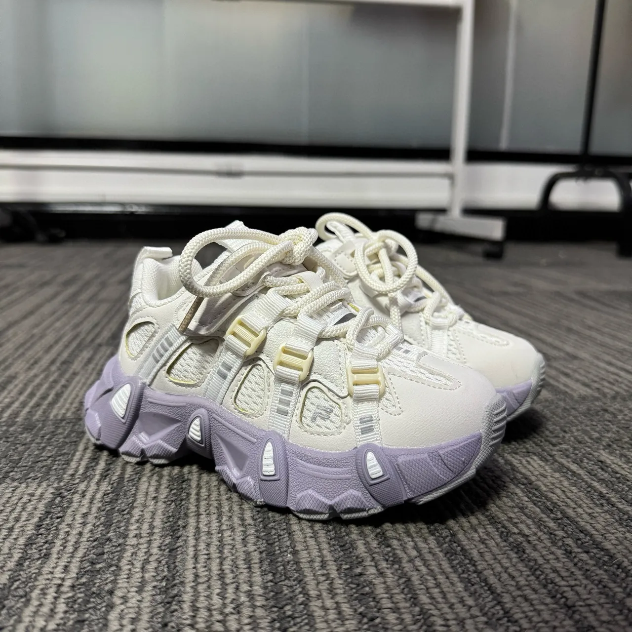 White Purple Sole Layered Synthetic Overlays Chunky Sneakers 4