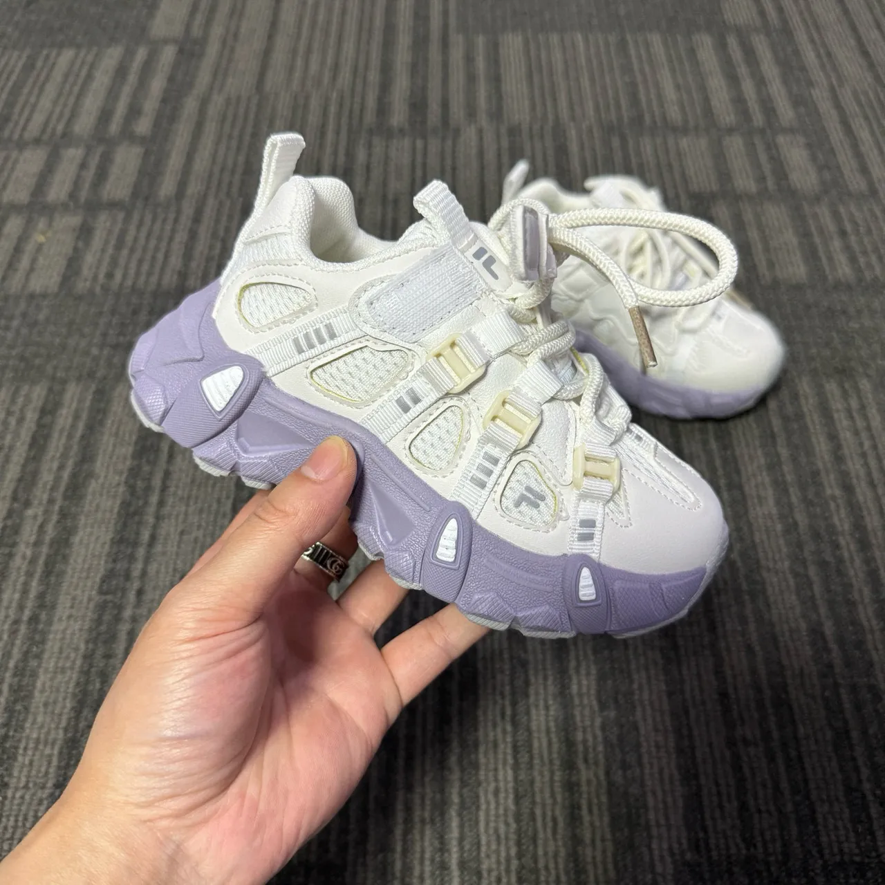 White Purple Sole Layered Synthetic Overlays Chunky Sneakers 6