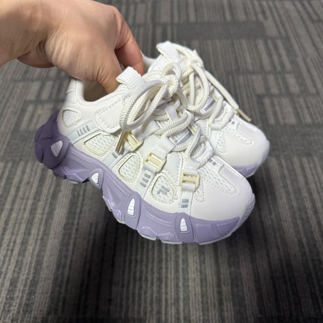 White Purple Sole Layered Synthetic Overlays Chunky Sneakers 8