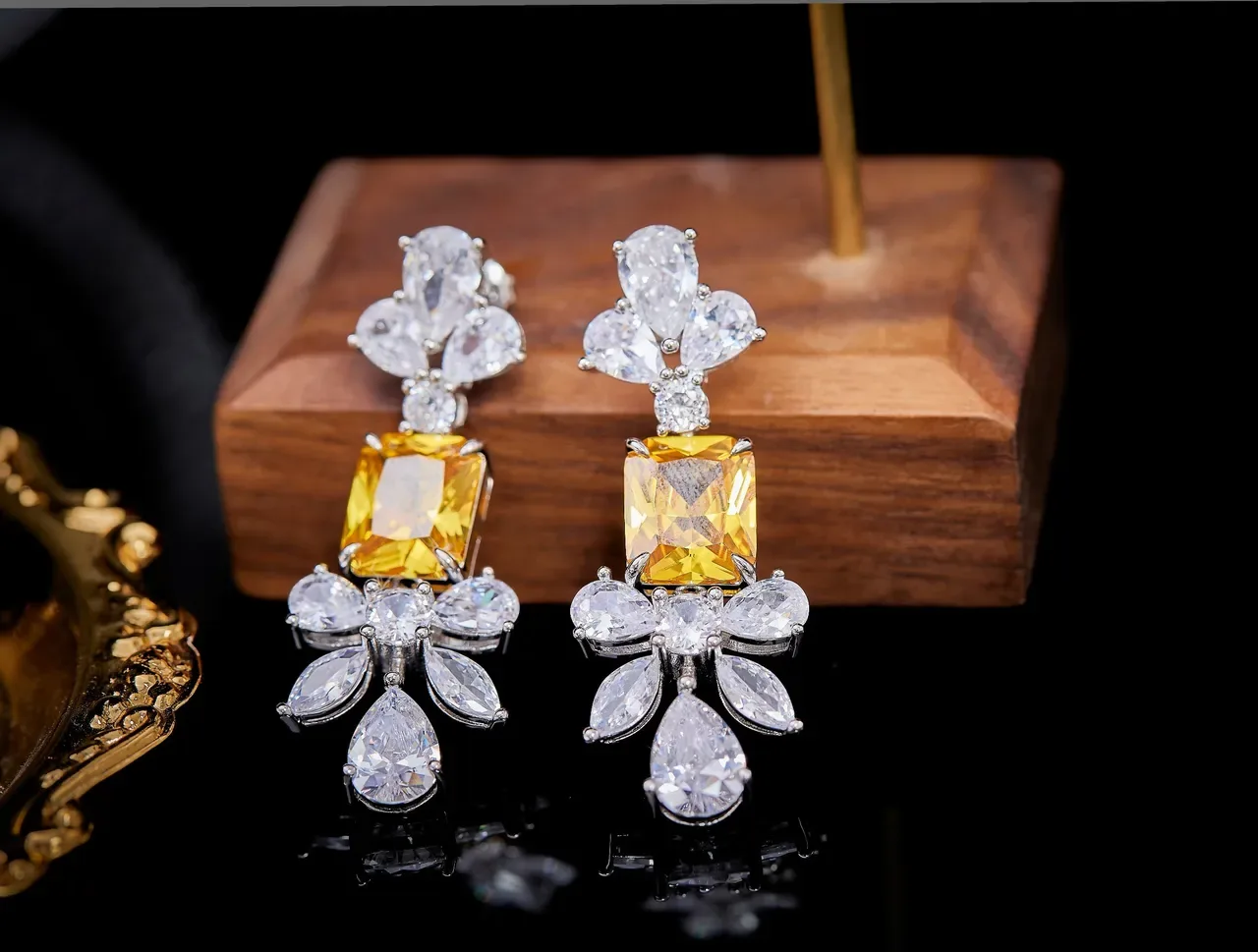Yellow and Clear Multi-Stone Chandelier Dangling Earrings 6