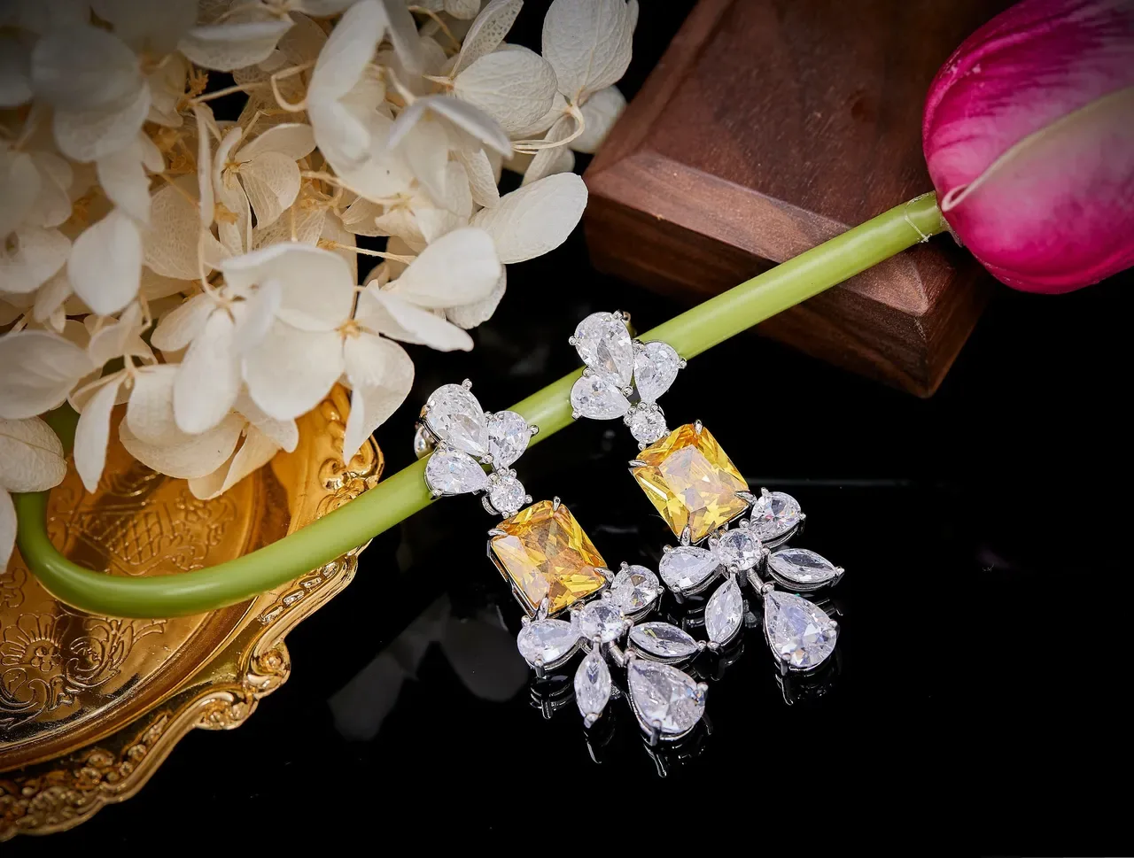 Yellow and Clear Multi-Stone Chandelier Dangling Earrings 7