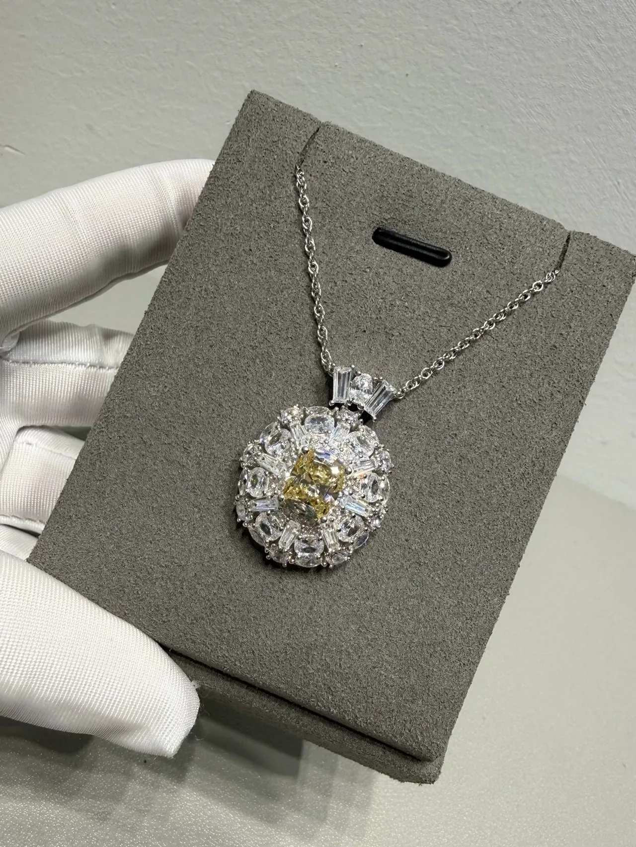 Yellow Silver Halo Cluster Pendant Multi-Stone Setting Necklace 6