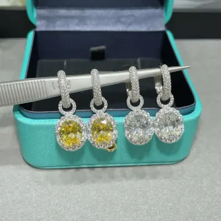 Yellow White Oval-Cut Central Stone Pavé Halo Setting Earrings