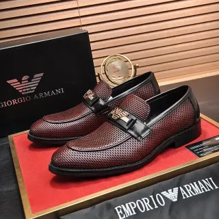 Giorgio Armani Burgundy Black Perforated Leather Metal Eagle Buckle Loafer