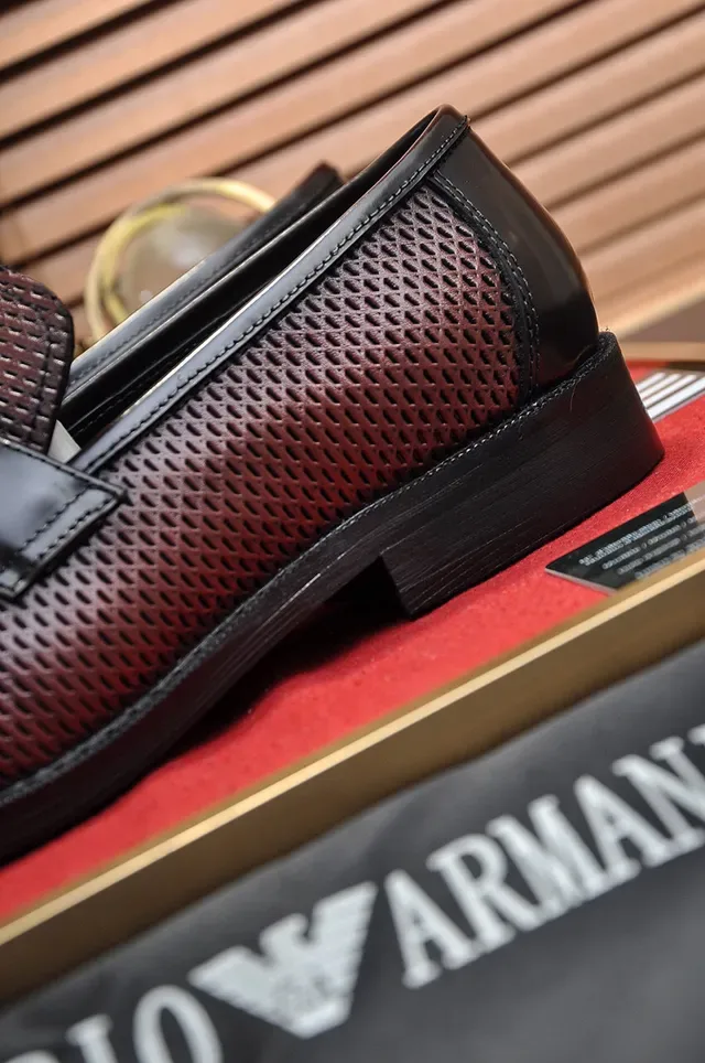 Giorgio Armani Burgundy Black Perforated Leather Metal Eagle Buckle Loafer 2