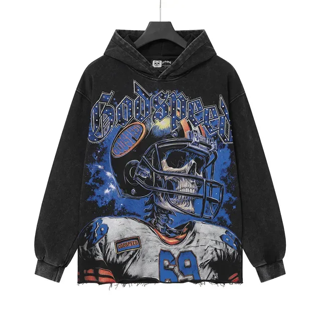 Godspeed هودي أسود أزرق Oversized Fit Distressed Stone-Washed Fabric 2