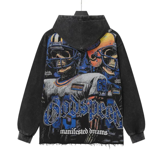 Godspeed هودي أسود أزرق Oversized Fit Distressed Stone-Washed Fabric 3