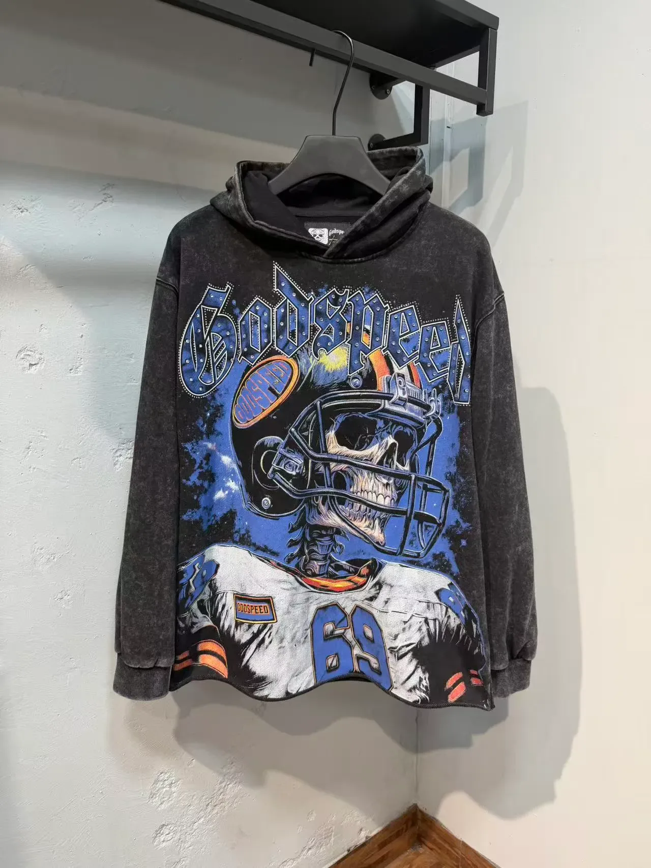 Godspeed هودي أسود أزرق Oversized Fit Distressed Stone-Washed Fabric 5