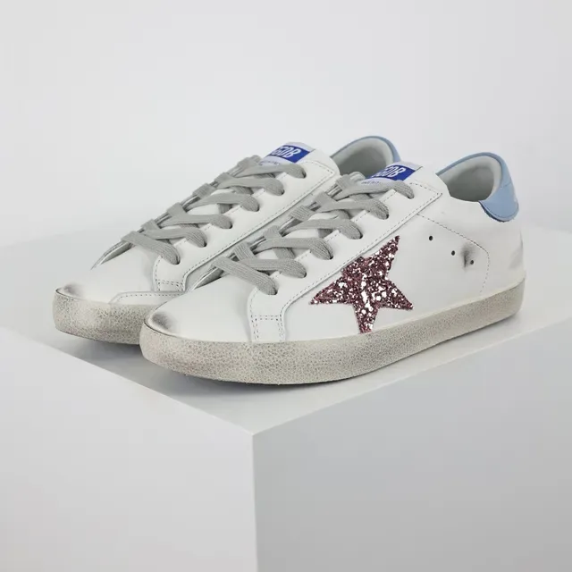 Golden Goose Superstar Sneakers Lifestyle Brancas Bordeaux Sola de Borracha Distressed Aplique de Estrela Glitter 2