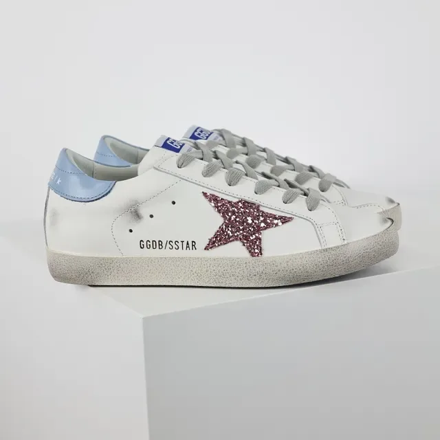 Golden Goose Superstar Sneakers Lifestyle Brancas Bordeaux Sola de Borracha Distressed Aplique de Estrela Glitter 3