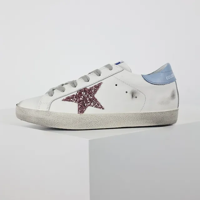 Golden Goose Superstar Sneakers Lifestyle Brancas Bordeaux Sola de Borracha Distressed Aplique de Estrela Glitter 9