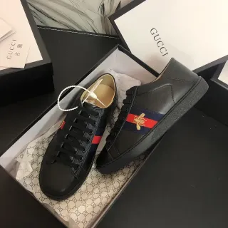 Gucci Ace Black Leather Web Stripe Bee Embroidery Lifestyle Sneakers