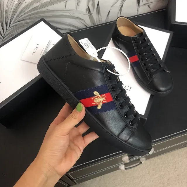 Gucci Ace Black Leather Web Stripe Bee Embroidery Lifestyle Sneakers 5