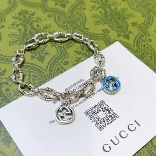 Gucci Bamboo Charm Silver Blue Chain Dual GG Charms Bracelet
