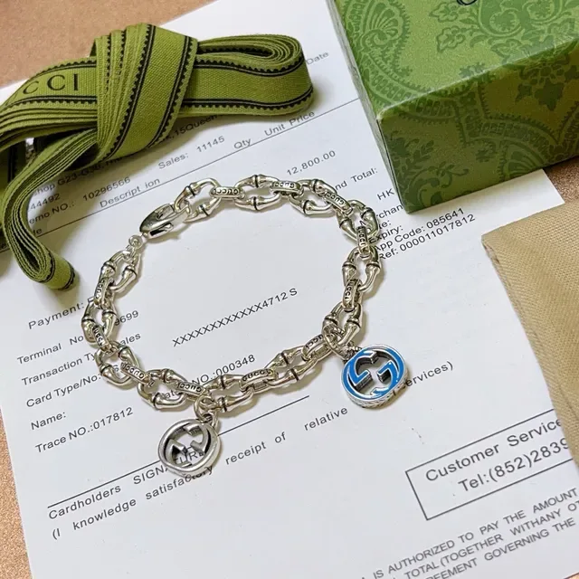 Gucci Bamboo Charm Silver Blue Chain Dual GG Charms Bracelet 4