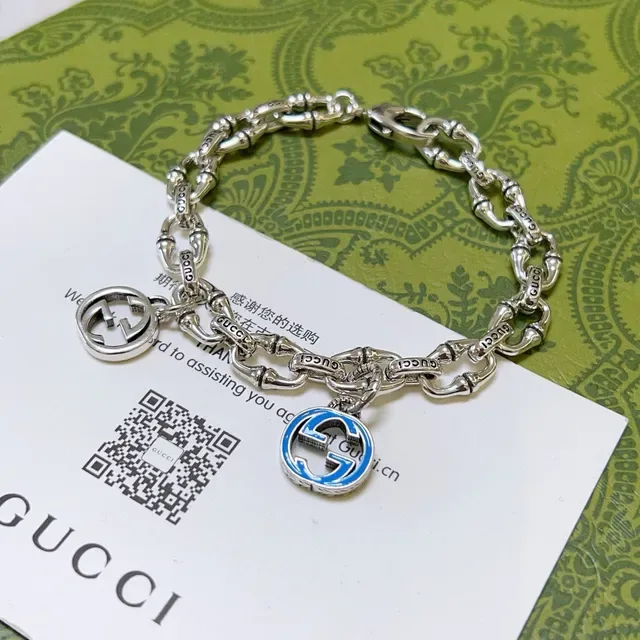 Gucci Bamboo Charm Silver Blue Chain Dual GG Charms Bracelet 7