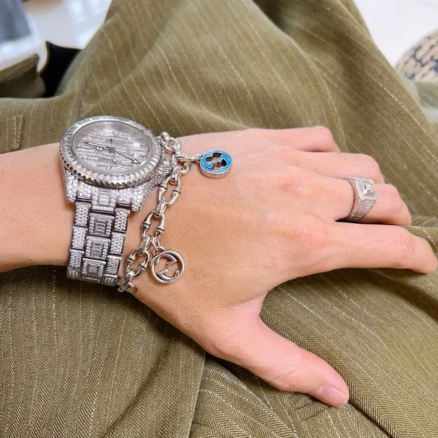 Gucci Bamboo Charm Silver Blue Chain Dual GG Charms Bracelet 8