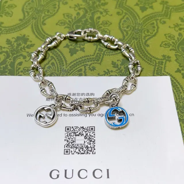 Gucci Bamboo Charm Silver Blue Chain Dual GG Charms Bracelet 9