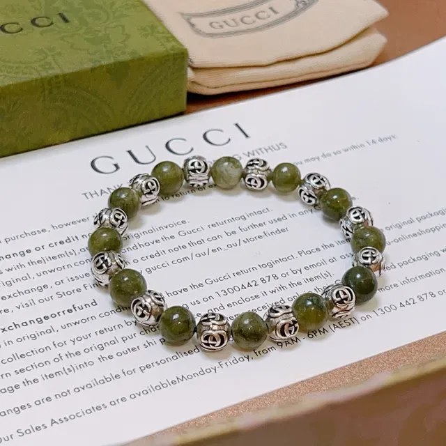 Gucci Beaded Interlocking G Green Stone Bracelet 2