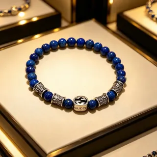 Gucci Beaded Lapis Lazuli and Silver-Tone Interlocking G Bracelet