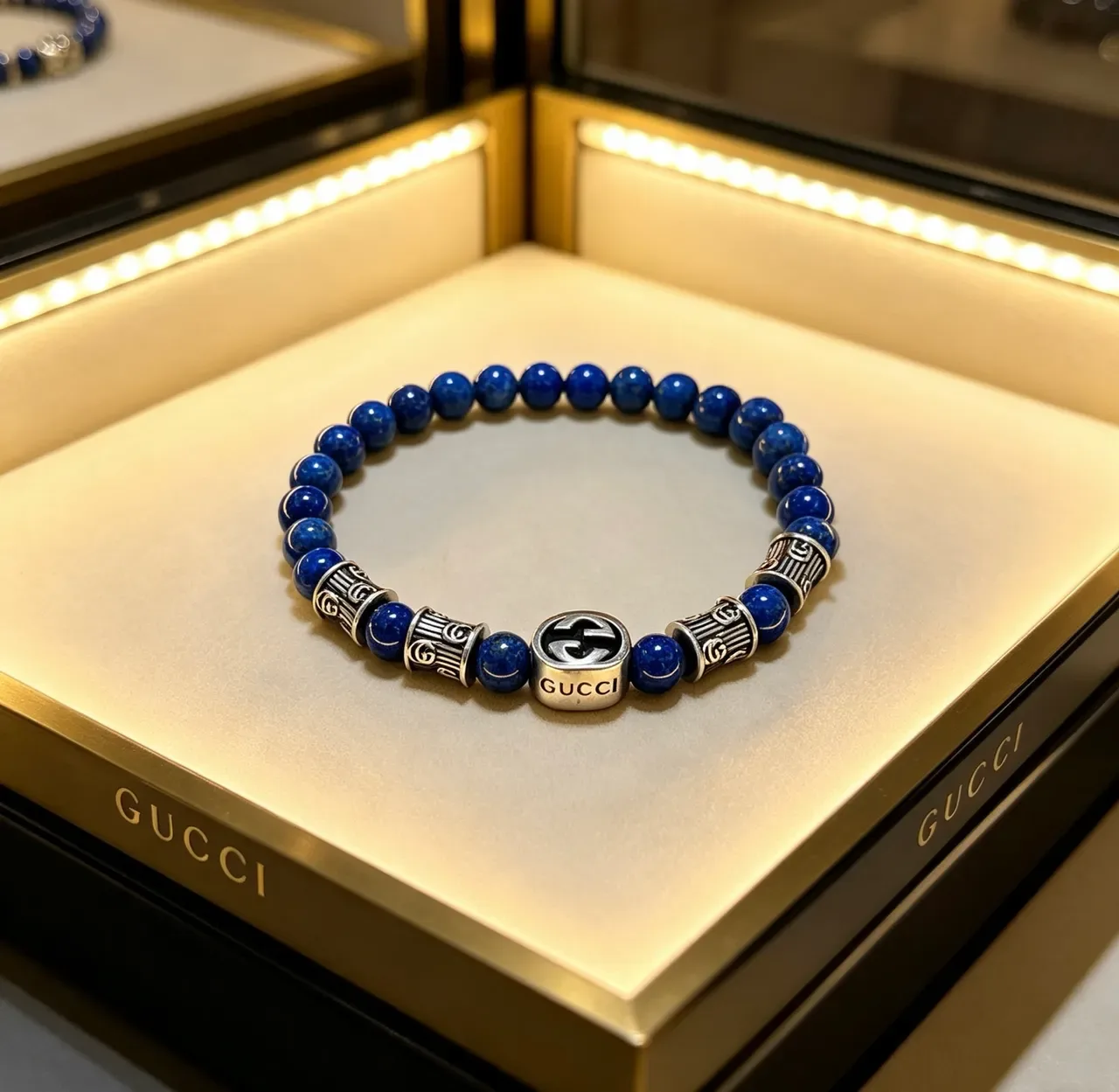 Gucci Beaded Lapis Lazuli and Silver-Tone Interlocking G Bracelet 2