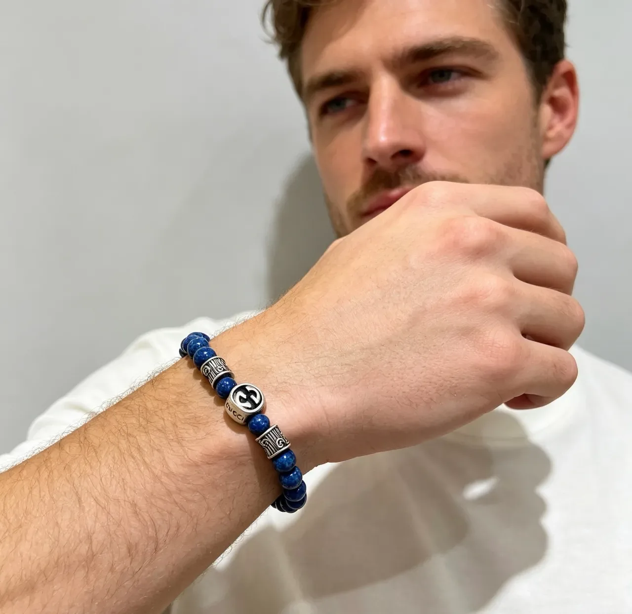 Gucci Beaded Lapis Lazuli and Silver-Tone Interlocking G Bracelet 3