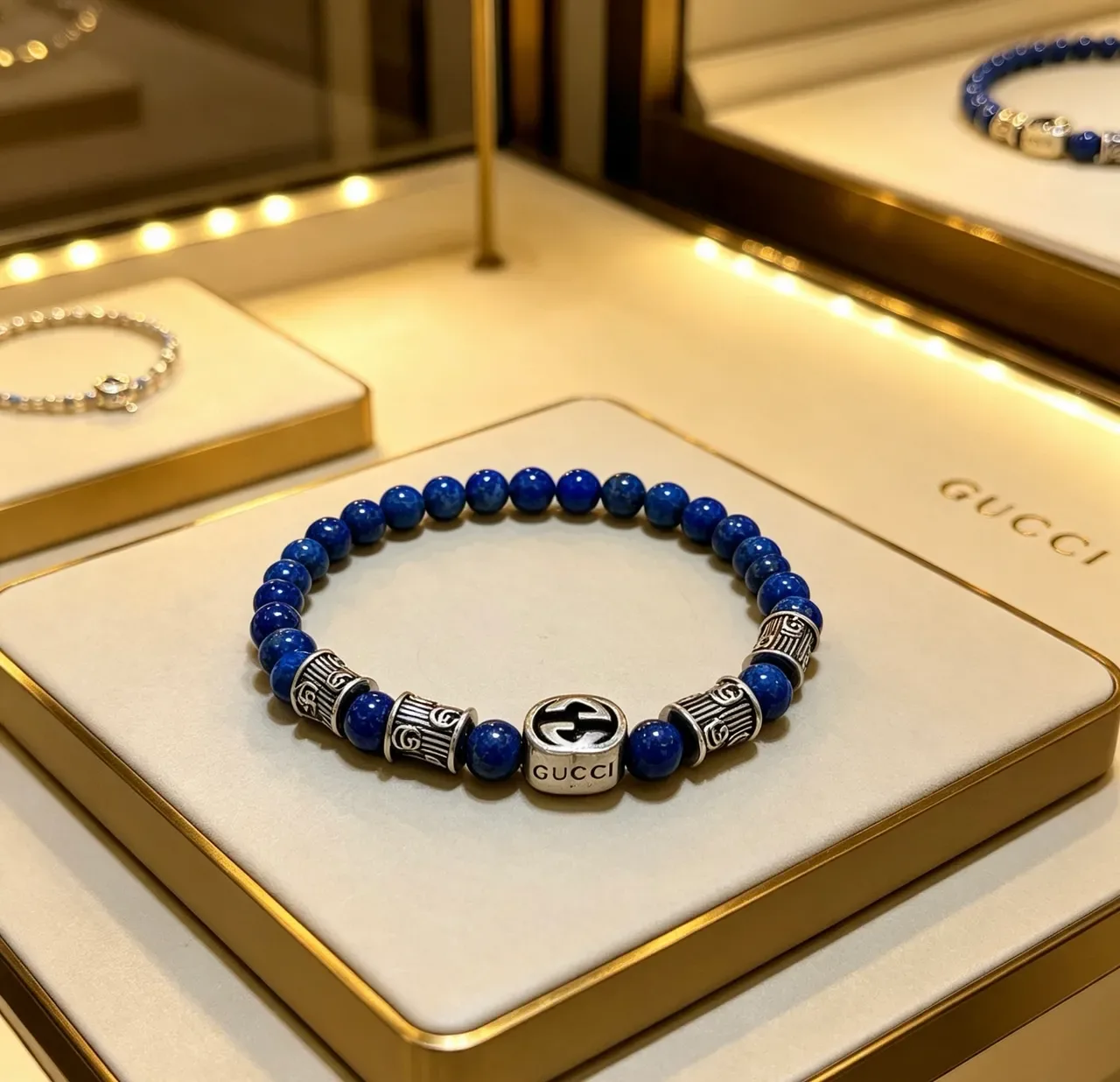 Gucci Beaded Lapis Lazuli and Silver-Tone Interlocking G Bracelet 4