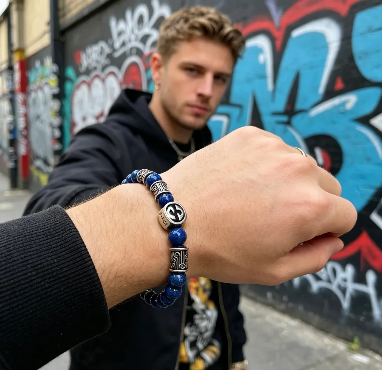 Gucci Beaded Lapis Lazuli and Silver-Tone Interlocking G Bracelet 5