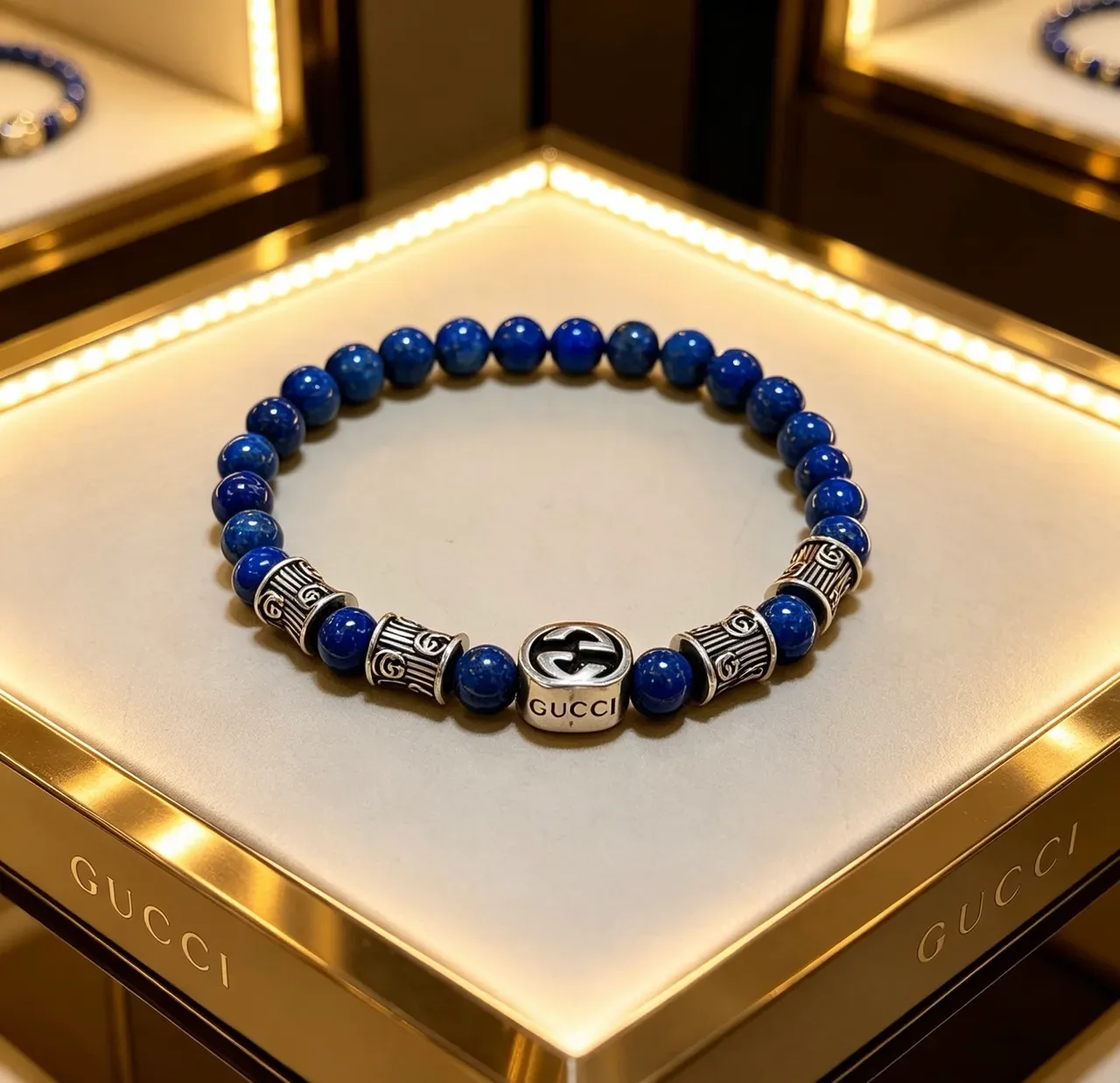 Gucci Beaded Lapis Lazuli and Silver-Tone Interlocking G Bracelet 7