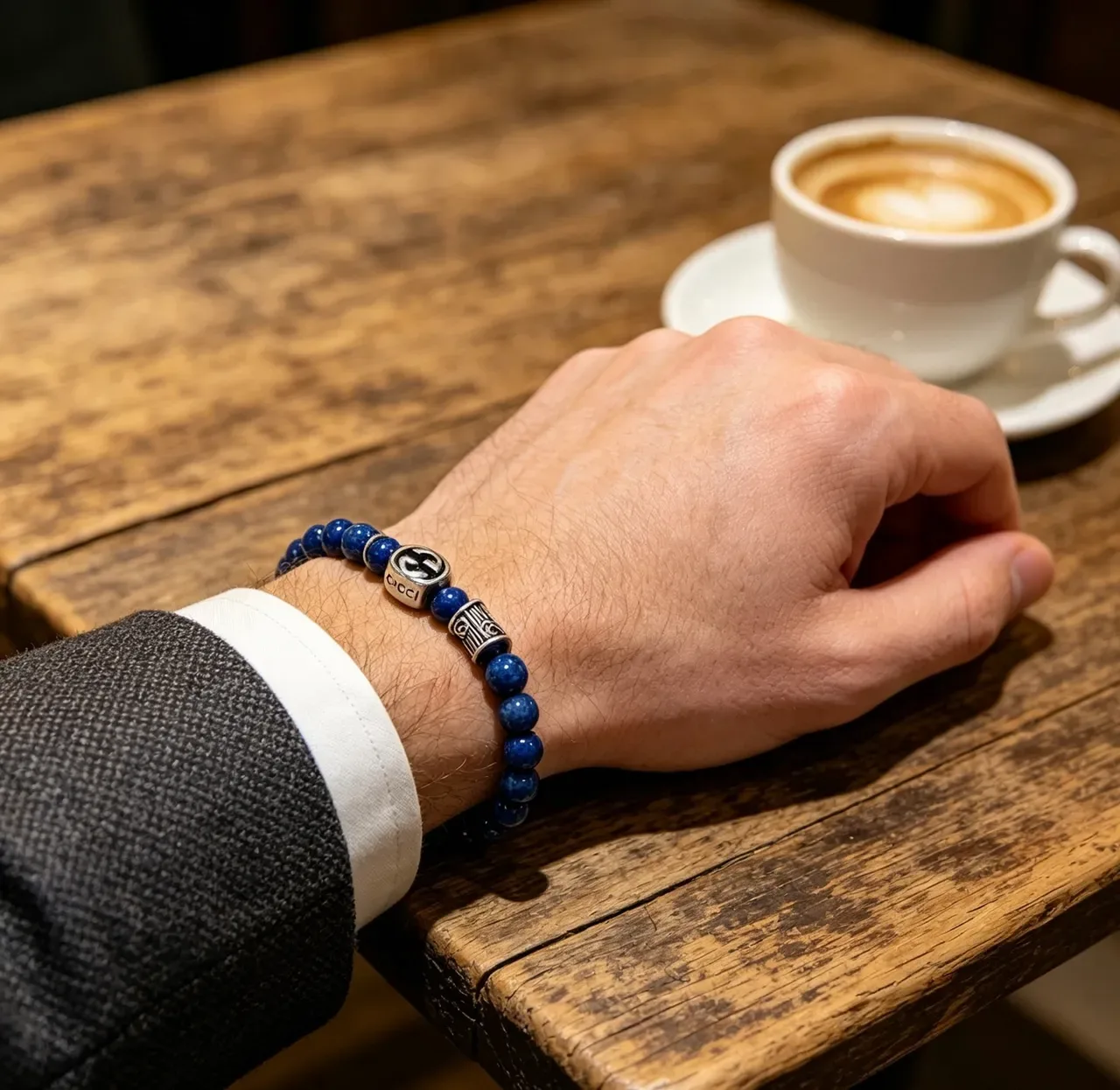 Gucci Beaded Lapis Lazuli and Silver-Tone Interlocking G Bracelet 8