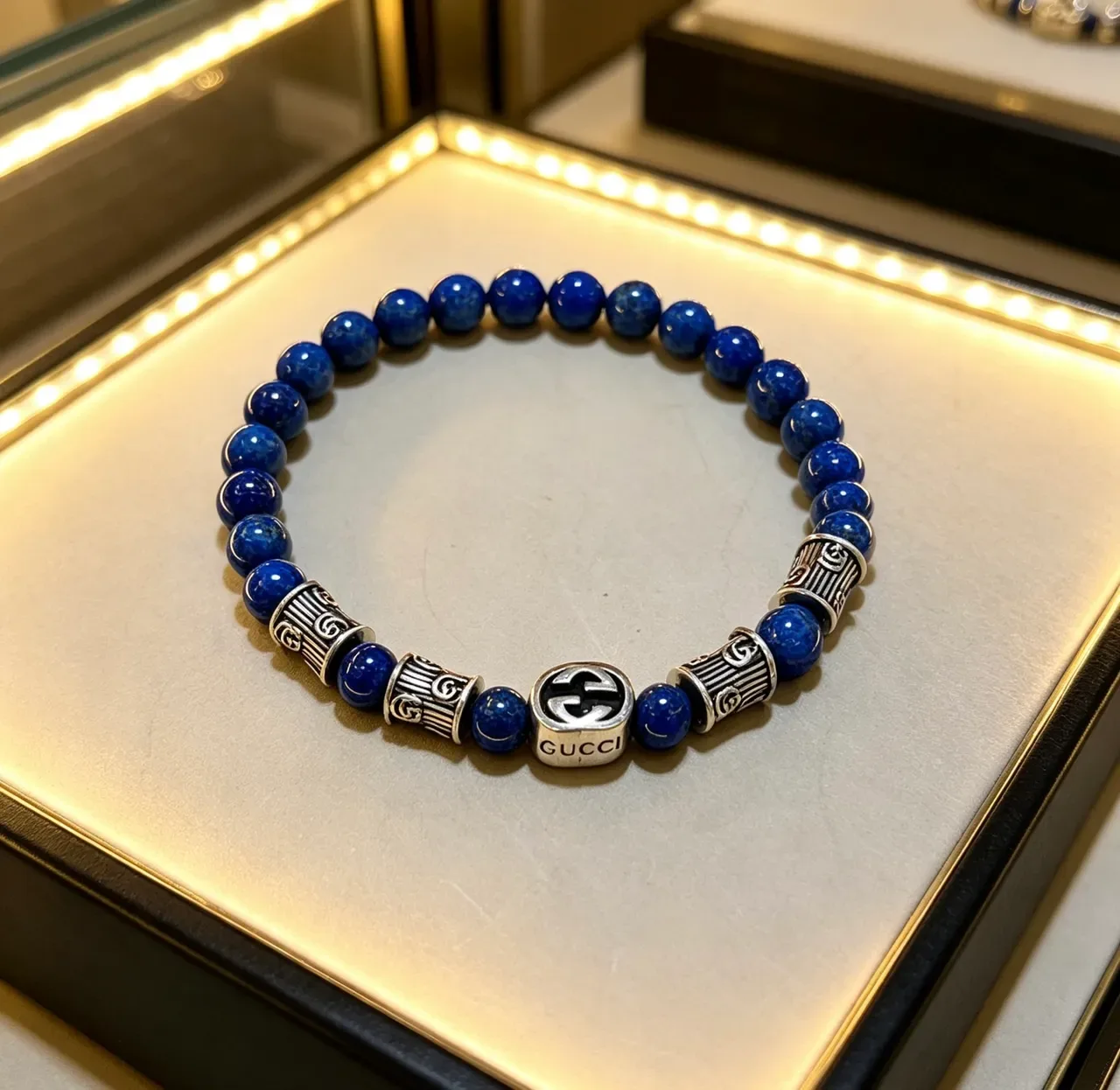 Gucci Beaded Lapis Lazuli and Silver-Tone Interlocking G Bracelet 9