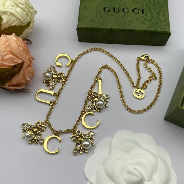 Gucci Bee and GUCCI Letter Charm Gold-Tone Necklace 4