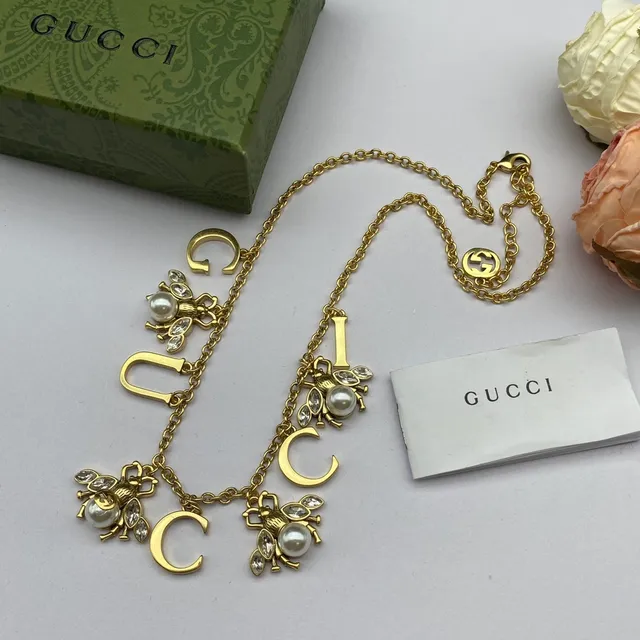 Gucci Bee and GUCCI Letter Charm Gold-Tone Necklace 5