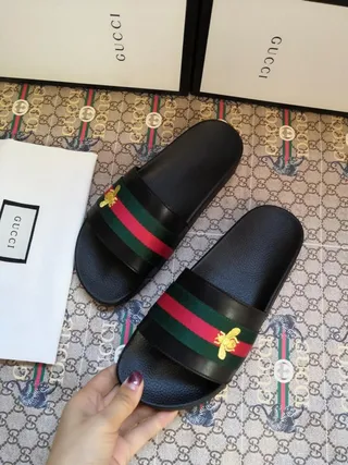 Gucci Bee-Embellished Web Stripe Slide Black Green Leather-Like Upper Strap Slippers 2