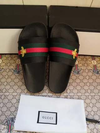 Gucci Bee-Embellished Web Stripe Slide Black Green Leather-Like Upper Strap Slippers 3